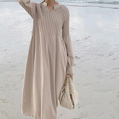 🎁Comfort and style💎Women's Solid Color Knitted Long-sleeve Maxi Dress