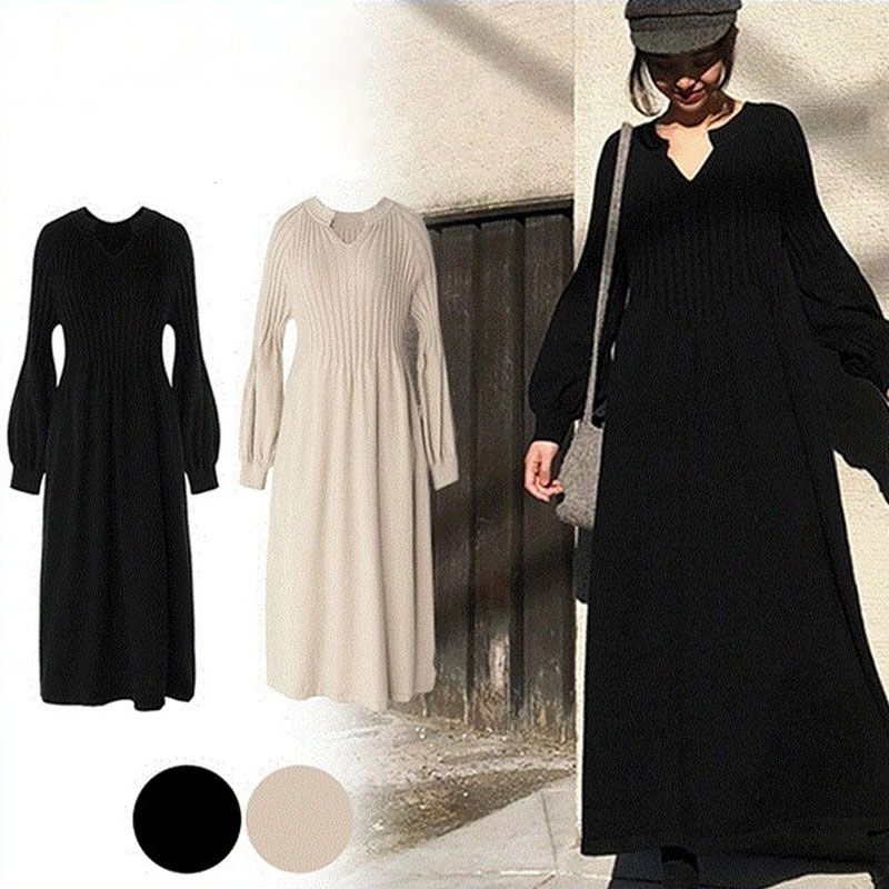 🎁Comfort and style💎Women's Solid Color Knitted Long-sleeve Maxi Dress