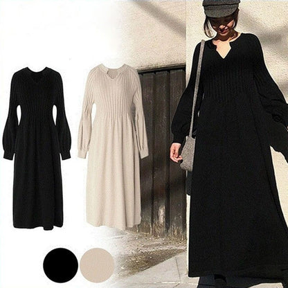 🎁Comfort and style💎Women's Solid Color Knitted Long-sleeve Maxi Dress