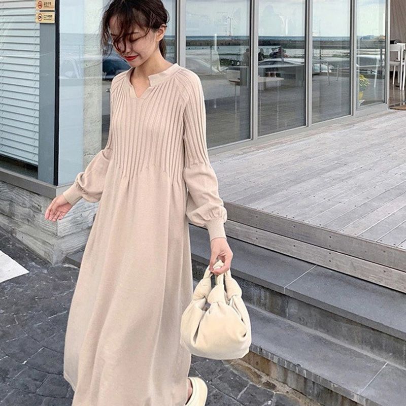 🎁Comfort and style💎Women's Solid Color Knitted Long-sleeve Maxi Dress