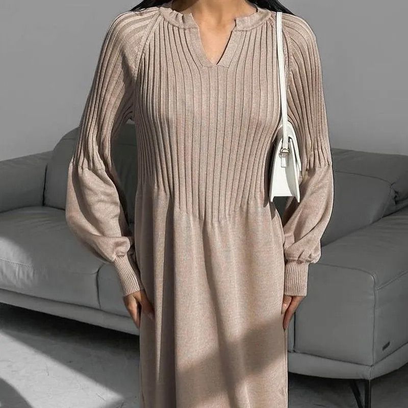 🎁Comfort and style💎Women's Solid Color Knitted Long-sleeve Maxi Dress