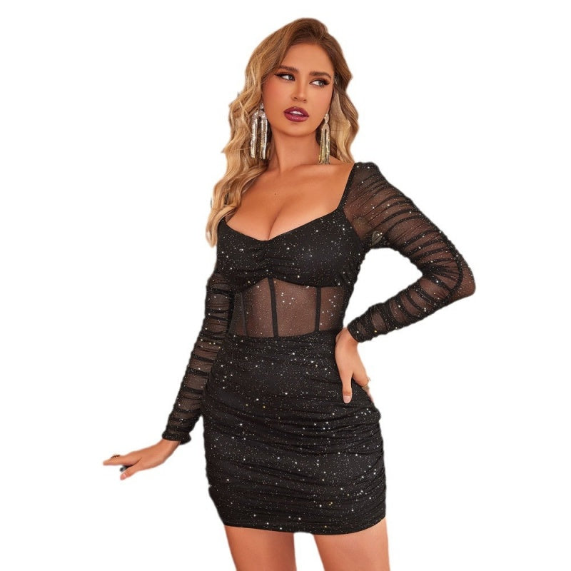 ✨Christmas Specials 50% OFF🎄Women's Sexy Mesh Glitter Long Sleeve Mini Dress